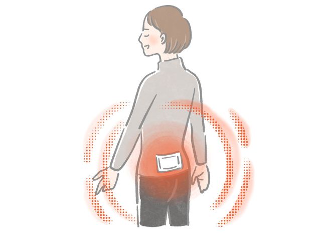 仙骨に貼るカイロを貼って腰まわりを温める女性のイラスト
